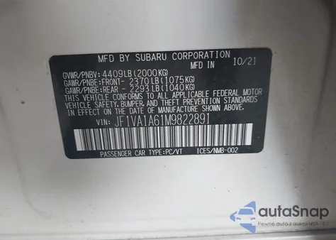 2021 Subaru Wrx from USA, damaged, VIN JF1VA1A61M9822891